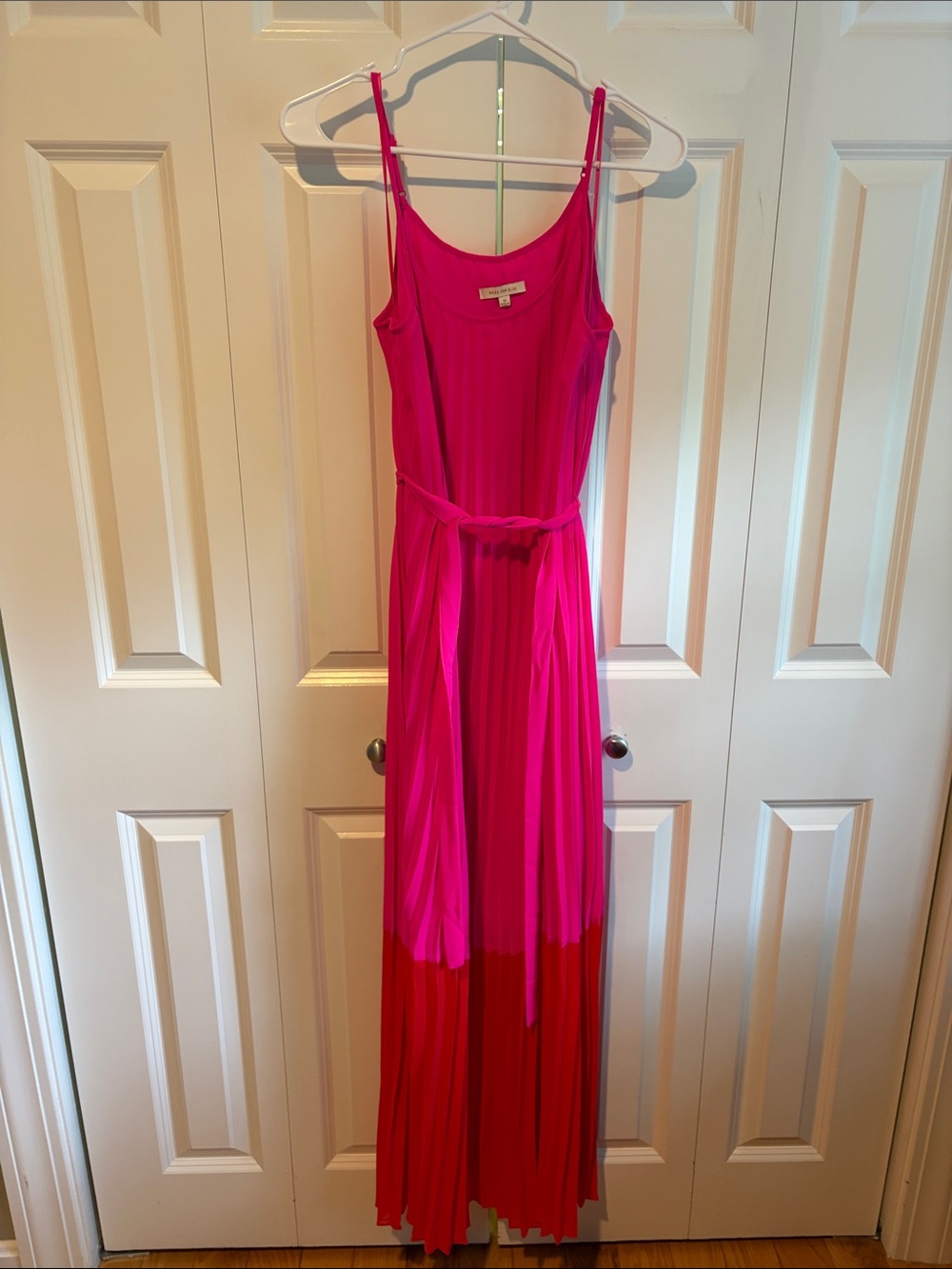 Hot Pink to Red Ombre Pleated Maxi Dress with Tie Waist